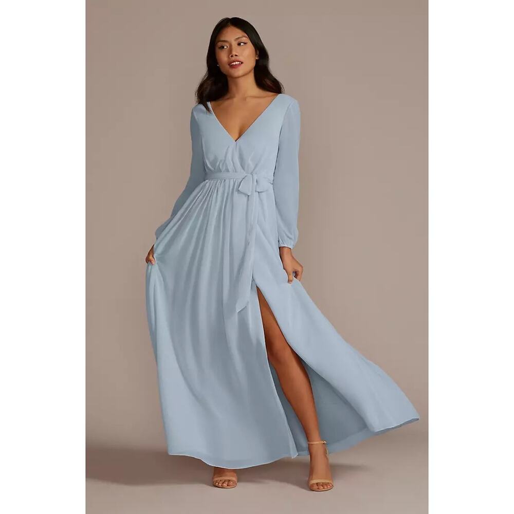 Celebrate DB Studio Teal Chiffon Long Sleeve V-Neck Dress SZ 14 Bridesmaid Gown